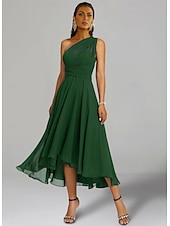 abordables Robes pour invitées de mariage-Robes de Mariage Invité A-Line Robe Élégante Formelle Fête de Mariage Longueur Thé Sans Manches Une Épaule Invité de Mariage Automne Chiffon avec Fronces 2025