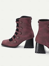 preiswerte 1930er Jahre-Burgunderfarbene Riemchenstiefel im Vintage-Stil mit dickem Absatz und Spitzendetail für Damen, ideal für Abendveranstaltungen und stilvolle Ausflüge