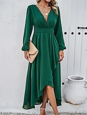 voordelige Chiffon Jurken-Dames Maxi-jurk Casual jurk Cocktail jurk Bruiloft gast jurk Chiffon jurk Elegant Maxi Casual Werk Straat Feestdagen Normale pasvorm Lange mouw V-hals Zwart Rood Marineblauw Groen Herfst