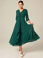cheap Cocktail Dress-Women&#039;s Midi Dress Green Solid Color V-Neck Half Sleeve Ruffled Sophisticated Chic Zip-Back Summer Semi-Formal Wedding Party Evening Elegant Flowy Lightweight Apparel