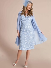 cheap With Jacket-Two Piece Sheath Mother of the Bride Dress Elegant Jewel Neck Knee Length Lace Stretch Chiffon 3/4 Length Sleeve Wrap Included Jacket Dresses with Lace free custom size