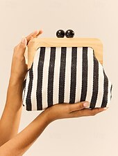 olcso Retikülök és estélyi táskák-női csíkos vászon crossbody táska – retro favázas kis válltáska állítható pánttal – fekete és bézs, ideális hétköznapi kirándulásokhoz és utazásokhoz