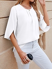 cheap Women&#039;s Plain Tops-Shirt Blouse Women&#039;s White Pink Wine Plain Sexy Street Daily Fashion Round Neck Regular Fit S