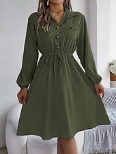 preiswerte schwarzes Midikleid-Damen Arbeitskleidung A Linie Kleid Modisch Täglich Arbeitsmode Bischof Midikleid Gefaltet Taste Hemdkragen Langarm Glatt Regular Fit Schwarz Wein Khaki Frühling Herbst S M L XL