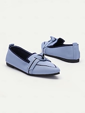 billige Flate sko til kvinner-kvinners blå strikkede, spisse tåflater med sløyfe – komfortable slip-on loafers for fritidsbruk og hverdagsbruk