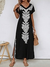 olcso Boho ruhák-Női Maxi Ruha Napruha Shift Ruha A Vonalu Ruha Etnikai Laza Lógó Váll Napi Laza Fit Grafikus Rövid Ujjú V Nyakú Fekete Nyár
