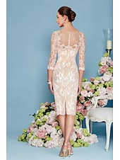 cheap With Jacket-Beach Wedding Two Piece Sheath Mother of the Bride Dress Elegant Jewel Neck Knee Length Chiffon Lace 3/4 Length Sleeve Wrap Included Jacket Dresses with Beading Appliques free custom size