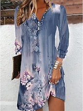 halpa Rento kukkainen mekko-Naisten Mini mekko Rento mekko Boho-mekko Kevätmekko Tyylikäs Vapaa-aika Loma Päivittäin Deitti Normaali Kukka Pitkähihainen Halkaistu kaula Sininen Tumman vihreä Oranssi Apila Syksy