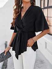 tanie Eleganckie topy-Damskie Koszula Eleganckie topy Jednokolorowe Równina Elegancja Elegancki Rękaw 1/2 W serek Praca Codzienny zawiązać z przodu Z marszczeniami Czarny Biały Królewski błękit Chłodny róż Lato Wiosna