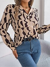 billige Kvinnenes arbeids topper-Dame Skjorte Bluse Fargeblokk Stilfull Moderne Langermet Skjortekrage Arbeid Knapper Svart Brun Kakifarget Vår Høst