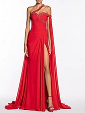 cheap BLACK-A-Line Evening Gown Elegant Dress Formal Floor Length Sleeveless One Shoulder Chiffon with Sequin