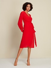 رخيصةأون فساتين الحفلات-فستان شيفون أحمر سادة لحفلات الزفاف/حفلات الضيوف برباط أمامي ملفوف بأكمام طويلة طقم فستان لإبهار 2024