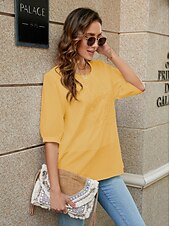 abordables Chemises-Femmes Chemise Chemises inspirées du lin Couleur Unie Fleuri Occasionnel Boho Manche 3/4 Manches au coude Col ras du cou Hauts Réguliers Vacances Soirée Quotidien Broderie Blanche Jaune Kaki Automne