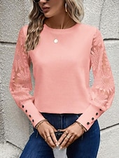 cheap Lace Tops-Women&#039;s White Elegant Lace Tops Eyelet Blouse Dressy Tops Elegant Lace Buttons Long Sleeve Crew Neck Daily Romantic Petite Tops Summer Holiday Wear Pink Khaki Summer Semi Formal Blouses