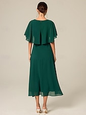 billige Kjoler til nyttårsaften-kvinners bryllup gjestecocktailkjole chiffon volang elegant formell midi a line kjole rund hals kortermet utsvingt erme mørk grønn farge