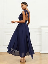 abordables Robes de vacances-Robe Trapèze Femme Robe mi-longue Ruché Ceinturé robe demoiselle d honneur Soirée Cocktail Elégant Grande occasion Une Epaule Sans Manches Ample bleu marine S M L XL 2XL