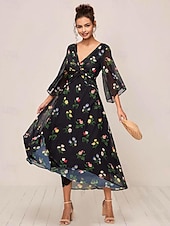 economico Abiti eleganti floreali-Per donna Vestito maxi Abito linea A Elegante Moda Manica svasata Invitati del matrimonio Giornaliero Cocktail party Standard Floreale Manica a 3/4 A V Nero Estate Autunno