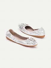 preiswerte Ballerinas für Damen-Silberne faltbare Ballerinas für Damen mit Strassverzierungen – bequeme, leichte Schuhe für Reisen, Partys und besondere Anlässe