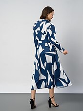 tanie Sukienki koszulowe-Damskie Sukienka midi Sukienka A line Graficzny Zabytkowe Nowoczesny Biuro Z marszczeniami Guzik Długi rękaw Kołnierzyk koszuli Sukienka Szczupła Niebieski Wiosna Jesień S M L XL XXL