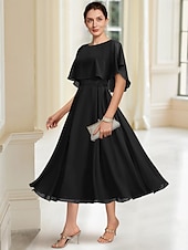 voordelige Vloerlengte-Strand Bruiloft A-Lijn Moeder van de Bruid Jurk Elegante Sierlijke Hals Thee Lengte Chiffon Halve Mouw met Kant maat op maat