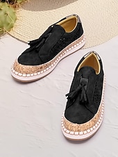 levne Dámské tenisky-dámské ležérní střapcové mokasíny – modré semišové slip-on boty s perforovaným designem a korkovou podrážkou, pohodlné na léto i každodenní nošení