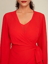 رخيصةأون فساتين الحفلات-فستان شيفون أحمر سادة لحفلات الزفاف/حفلات الضيوف برباط أمامي ملفوف بأكمام طويلة طقم فستان لإبهار 2024