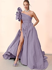 abordables ROUGE-Robe de soirée en A style célébrité robe formelle cravate noire traîne de chapelle sans manches une épaule taffetas avec fente plissée