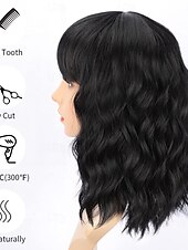 baratos Perucas Sintéticas sem Touca-Bob encaracolado peruca sintética curta preta com franja natural olhando fibra resistente ao calor cabelo para mulher