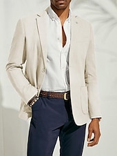 billige Lin blazer-Herre Lin Blazer Jakke Sportjakke Mote Uformell Sommer Enfarget Mørk Blå Beige Lys Blå Tilpasset Passform Enkeltknapp To-knapper