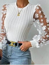 ieftine Topuri imbracate-bluză de damă șifon elegant modern plasă de culoare uni mozaic mânecă lanternă mânecă lungă decolteu turn negru alb albastru vară primăvară toamnă