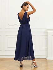 ieftine Rochii Party-Pentru femei Rochie A line Rochie Maxi Șifon Zdrobit Niveluri Invitat la nunta Petrecere cu cocktail Elegant În V Fără manșon Bleumarin Culoare