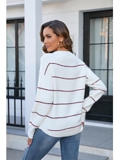 abordables Motifs graphiques et détails-Femme Pull Chandail mode basique Rayé A côtes Col Ras du Cou Bandes manche longue Hauts longs Tricoter Travail Noir Blanche Printemps Automne