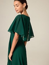 billige Kjoler til nyttårsaften-kvinners bryllup gjestecocktailkjole chiffon volang elegant formell midi a line kjole rund hals kortermet utsvingt erme mørk grønn farge