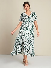 cheap Print Casual Dress-Plant Print V Neck Maxi Dress