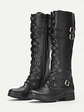 baratos Botas de combate-botas de combate góticas vintage femininas – botas de cano alto com fivela preta para cosplay e uso diário