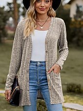 preiswerte Freizeitjacken-Damen Strukturjacke Strickjacke lässig einfarbig schlicht gerippt asymmetrisch V-Ausschnitt Tasche Knöpfe gedreht Langarm Normal Tops Strick Alltag Wein Armeegrün Frühling Herbst