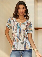 Χαμηλού Κόστους Boho t-shirt-Γυναικεία Μπλουζάκι Γραφική Βασικό Κοντομάνικο Λαιμόκοψη V Κανονικά μπλουζάκια Καθημερινά Σαββατοκύριακο Κουμπιά Με κοψίματα Στάμπα Θαλασσί Πράσινο του τριφυλλιού Χακί