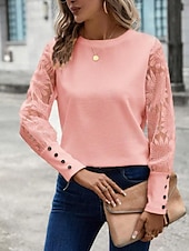 cheap Lace Tops-Women&#039;s White Elegant Lace Tops Eyelet Blouse Dressy Tops Elegant Lace Buttons Long Sleeve Crew Neck Daily Romantic Petite Tops Summer Holiday Wear Pink Khaki Summer Semi Formal Blouses