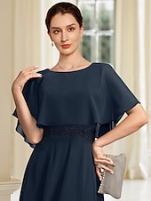 voordelige Vloerlengte-Strand Bruiloft A-Lijn Moeder van de Bruid Jurk Elegante Sierlijke Hals Thee Lengte Chiffon Halve Mouw met Kant maat op maat