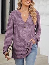 abordables Couleurs unies-Femme Pull Chandail mode Décontractées Couleur unie A côtes Col V Boutons manche longue Hauts réguliers Tricoter du quotidien Rose Claire Bleu Printemps Automne