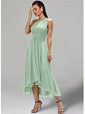 abordables Robes pour invitées de mariage-Robes de Mariage Invité A-Line Robe Élégante Formelle Fête de Mariage Longueur Thé Sans Manches Une Épaule Invité de Mariage Automne Chiffon avec Fronces 2025