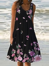 billiga Blommiga klänningar-Kvinnors Mini Klänning Petite Klänning Sommarklänning Skift Klänning Volang Klänning Semester Avslappnad Utomhus Semester Dags Regular Fit Blommig Ärmlös U-Hals Blå Lila Fuchsia Grön Sommar Vår