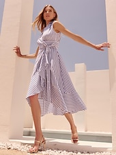 levne Květinové šaty-Dámské Resort Wear Elegantní šaty Maxi dlouhé šaty Vodní modrá Krátký rukáv Proužek kravata vpředu S proužky Potisk Jaro léto Vpředu do kříže Elegantní prázdniny šaty na dovolenou S M L