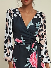 economico abito casual stampato-Abito maxi con scollo a V a maniche corte e stampa leopardata floreale per invitati al matrimonio in raso