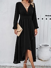 voordelige Chiffon Jurken-Dames Maxi-jurk Casual jurk Cocktail jurk Bruiloft gast jurk Chiffon jurk Elegant Maxi Casual Werk Straat Feestdagen Normale pasvorm Lange mouw V-hals Zwart Rood Marineblauw Groen Herfst