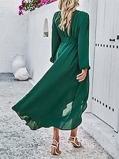 voordelige Chiffon Jurken-Dames Maxi-jurk Casual jurk Cocktail jurk Bruiloft gast jurk Chiffon jurk Elegant Maxi Casual Werk Straat Feestdagen Normale pasvorm Lange mouw V-hals Zwart Rood Marineblauw Groen Herfst