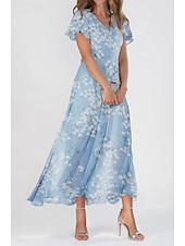 abordables Robes décontractées-Femmes Robe maxi Robe trapèze Élégant Quotidien Date Coupe régulière Fleuri Col en V Bleu Été