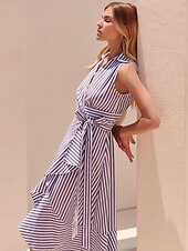 levne Květinové šaty-Dámské Resort Wear Elegantní šaty Maxi dlouhé šaty Vodní modrá Krátký rukáv Proužek kravata vpředu S proužky Potisk Jaro léto Vpředu do kříže Elegantní prázdniny šaty na dovolenou S M L