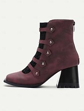 preiswerte 1930er Jahre-Burgunderfarbene Riemchenstiefel im Vintage-Stil mit dickem Absatz und Spitzendetail für Damen, ideal für Abendveranstaltungen und stilvolle Ausflüge