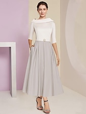 economico Mom&#039;s Dress Sets-Beach Wedding A-Line Mother of the Bride Dress Wedding Guest Elegant Vintage Jewel Neck Tea Length Charmeuse Half Sleeve with Pleats Crystals free custom size